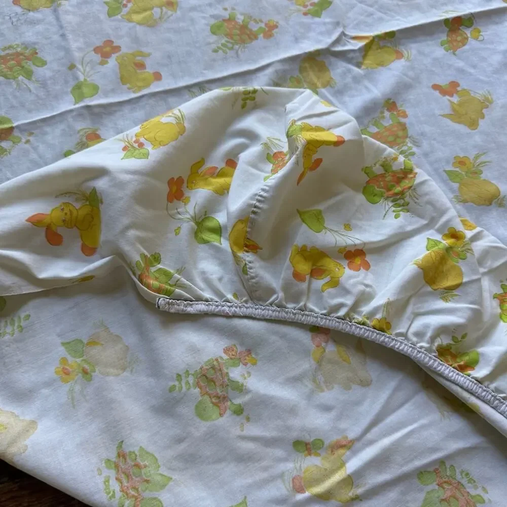 Vintage 70s Baby Crib Sheet Turtle Bunny Retro Orange Green Babycare